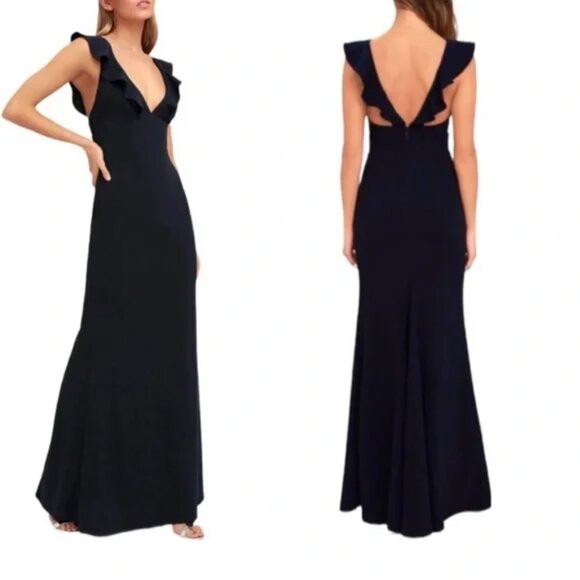 Lulus Dresses & Skirts - Lulus Perfect Opportunity Plunge Neckline Fall‎ Chic Navy Blue Maxi Dress
